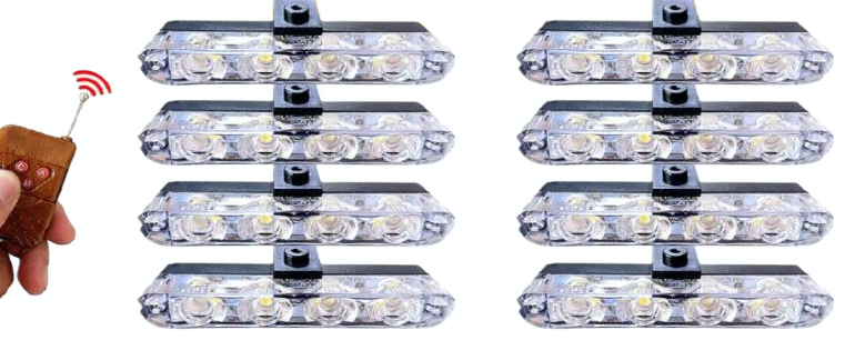 Set 8 lumini stroboscop galbene 4 LED grila telecomanda 7 functii 12V